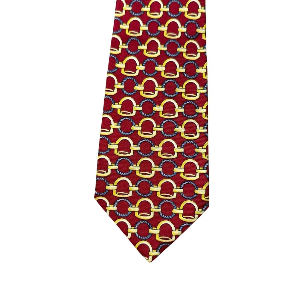 Thomas Pink London Mens Silk Tie Red Gold Navy Blue Equestrian Link England